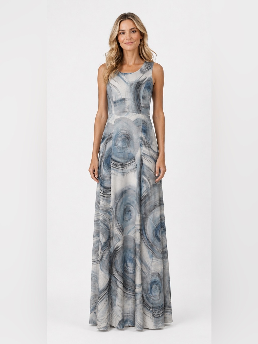 Dolcezza Art Simply 100% Linen Maxi Dress Blue Abstract Swirl Size Small